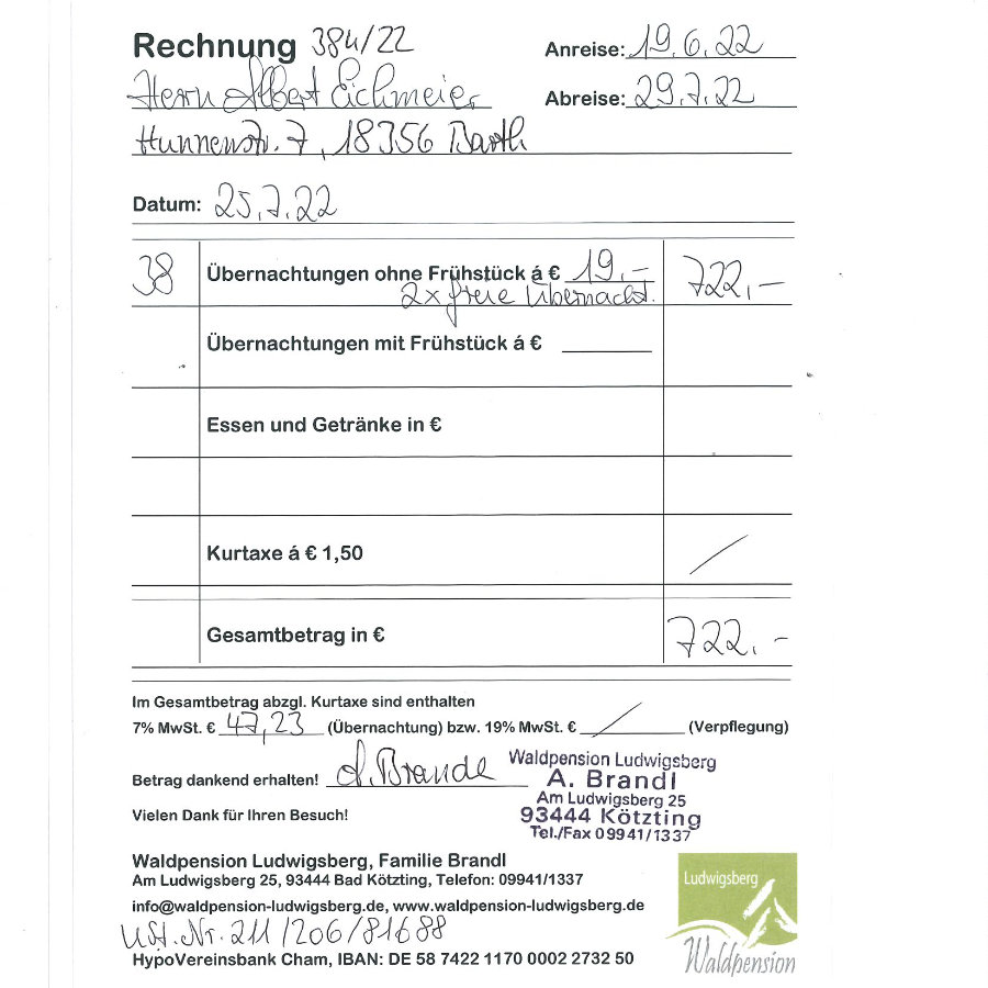 Beleg der Waldpension in Bad Kötzting