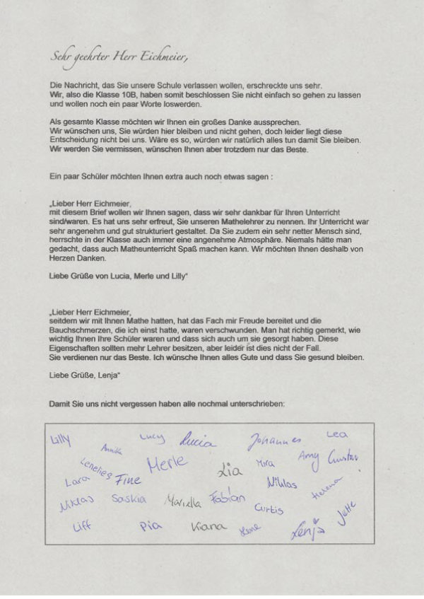 Brief der Klasse 10B und Antwort