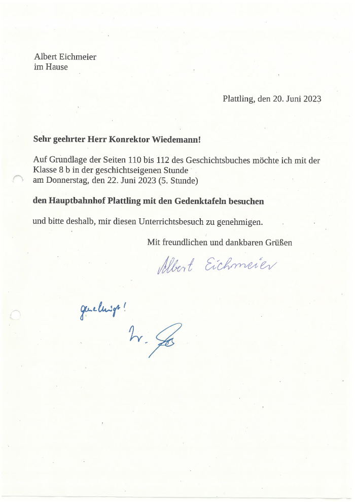 genehmigter Antrag auf Unterrichtsgang