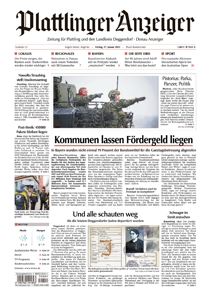 Titelseite des Plattlinger Anzeigers zum Auschwitz-Gedenktag 2023