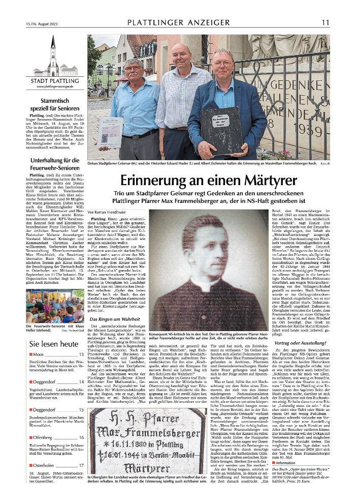 Erinnerung an einen Maertyrer, Plattlinger Anzeiger und Donau-Anzeiger vom 15.08.2023
