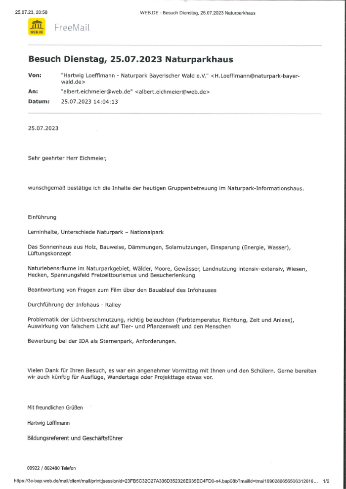 Bericht vom Leiter des Naturparkhauses Zwiesel
